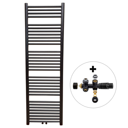 Vtw Living - Handdoekradiator Badkamer met Aansluit Set en Thermostaat - 1600 × 500 mm - Mat Zwart