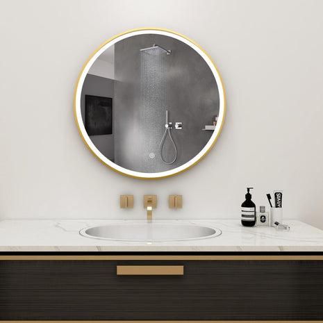 Vtw Living - Badkamerspiegel Goud Rond 60 Cm Spiegel Met Led Verlichting En Verwarming
