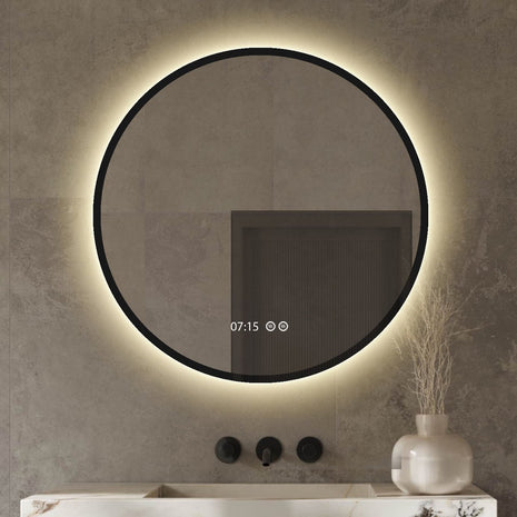 Badkamerspiegel Met Digitale Klok - Rond 120 cm Met Verlichting en Verwarming - Mat Zwart