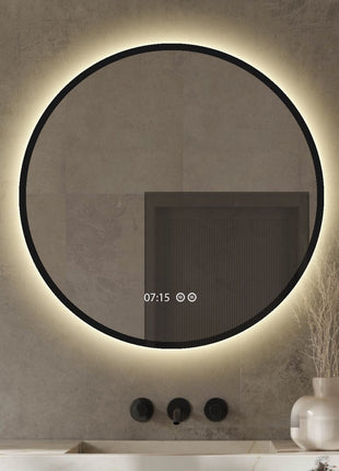 Badkamerspiegel Met Digitale Klok - Rond 100 cm Met Verlichting en Verwarming - Mat Zwart