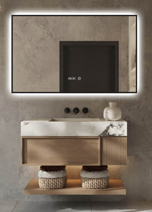 Badkamerspiegel Met Tijdweergave en Verlichting - Anti Condens Verwarming - Zwart - 100 x 60 cm