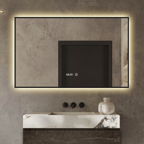 Badkamerspiegel Met Tijdweergave en Verlichting - Anti Condens Verwarming - Zwart - 80 x 60 cm