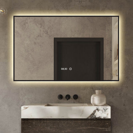 Badkamerspiegel Met Tijdweergave en Verlichting - Anti Condens Verwarming - Zwart - 120 x 60 cm