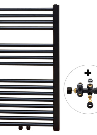 Vtw Living - Handdoekradiator Badkamer met Aansluit Set en Thermostaat - 800 × 450 mm - Mat Zwart