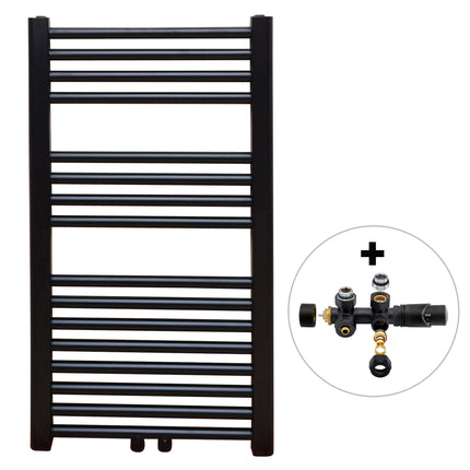 Vtw Living - Handdoekradiator Badkamer met Aansluit Set en Thermostaat - 800 × 450 mm - Mat Zwart