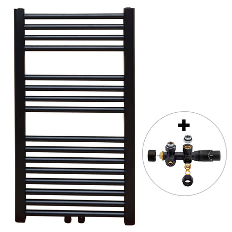 Vtw Living - Handdoekradiator Badkamer met Aansluit Set en Thermostaat - 800 × 450 mm - Mat Zwart