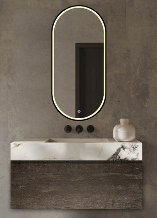 Vtw Living - Badkamerspiegel Ovaal met LED Verlichting en Verwarming Zwart 50 x 100 cm