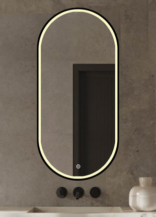Vtw Living - Badkamerspiegel Ovaal met LED Verlichting en Verwarming Zwart 50 x 100 cm