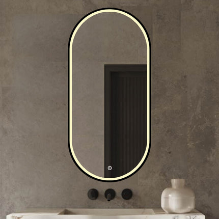 Vtw Living - Badkamerspiegel Ovaal met LED Verlichting en Verwarming Zwart 50 x 100 cm