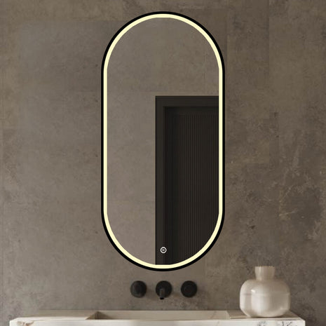 Vtw Living - Badkamerspiegel Ovaal met LED Verlichting en Verwarming Zwart 50 x 100 cm