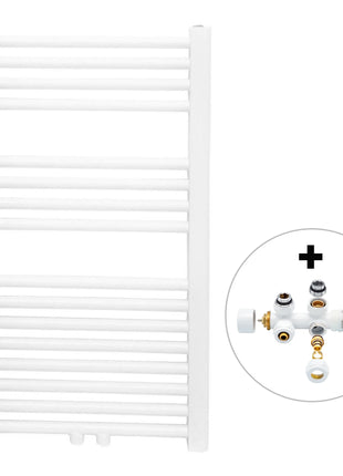 Vtw Living - Handdoekradiator Badkamer met Aansluit Set en Thermostaat - 800 × 450 mm - Mat Wit