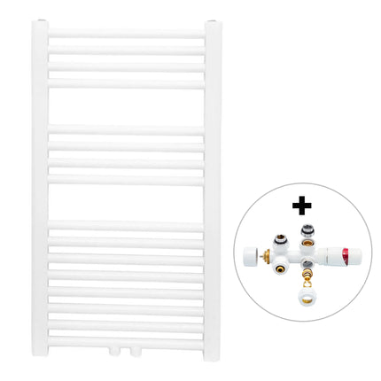 Vtw Living - Handdoekradiator Badkamer met Aansluit Set en Thermostaat - 800 × 450 mm - Mat Wit