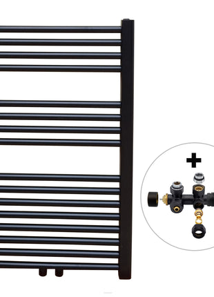 Vtw Living - Handdoekradiator Badkamer met Aansluit Set en Thermostaat - 800 × 500 mm - Mat Zwart