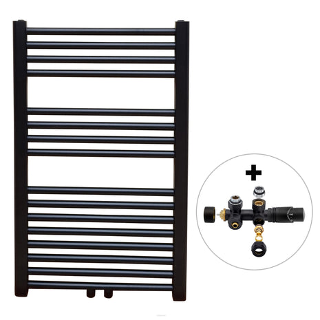 Vtw Living - Handdoekradiator Badkamer met Aansluit Set en Thermostaat - 800 × 500 mm - Mat Zwart