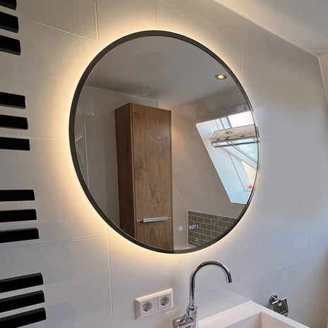 Badkamerspiegel Met Digitale Klok - Rond 100 cm Met Verlichting en Verwarming - Mat Zwart