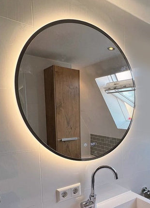 Badkamerspiegel Met Digitale Klok - Rond 80 cm Met Verlichting en Verwarming - Mat Zwart