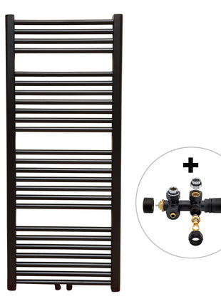 Vtw Living - Handdoekradiator Badkamer met Aansluit Set en Thermostaat - 1200 × 500 mm - Mat Zwart
