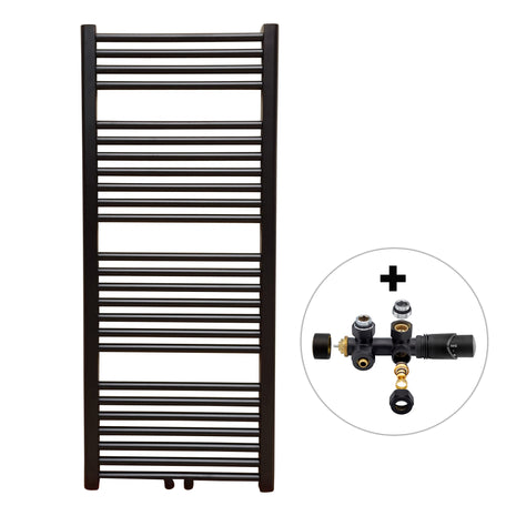 Vtw Living - Handdoekradiator Badkamer met Aansluit Set en Thermostaat - 1200 × 500 mm - Mat Zwart
