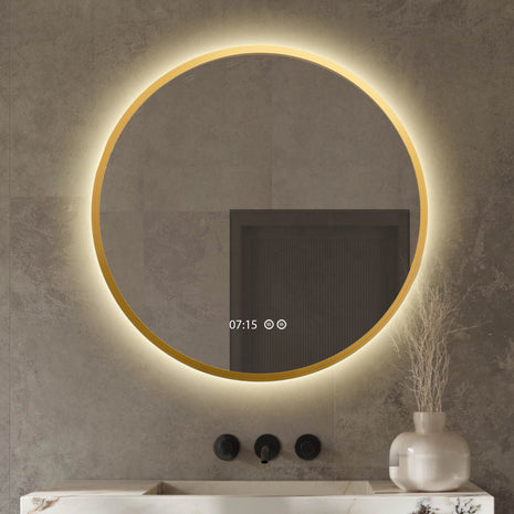Vtw Living - Badkamerspiegel Met Digitale Klok - Rond 80 cm Met Verlichting en Verwarming - Goud