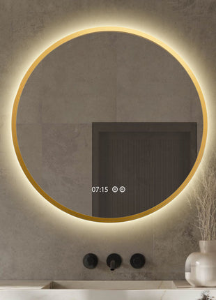 Badkamerspiegel Met Digitale Klok - Rond 60 cm Met Verlichting en Verwarming - Messing goud