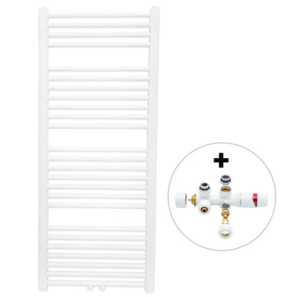 Vtw Living - Handdoekradiator Badkamer met Aansluit Set en Thermostaat - 1200 × 500 mm - Mat Wit