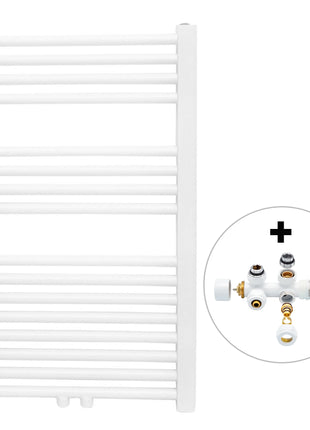 Vtw Living - Handdoekradiator Badkamer met Aansluit Set en Thermostaat - 800 × 500 mm - Mat Wit