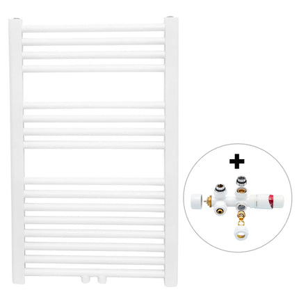 Vtw Living - Handdoekradiator Badkamer met Aansluit Set en Thermostaat - 800 × 500 mm - Mat Wit